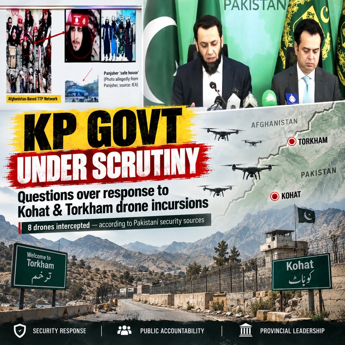 Hiraabbasi2020's tweet photo. PTI govt in KP remains silent over attempted drone attacks by Afghan Taliban in Kohat & Torkham.  PTI is a B-team of TTP Afghan Taliban terrorists... it has been proved again.   KP people want freedom from PTI’s illegal rule, which didn’t even condemn TTP suicide blasts.
#Article232
#LeadsWithConvictionCDF
#PTIExposed