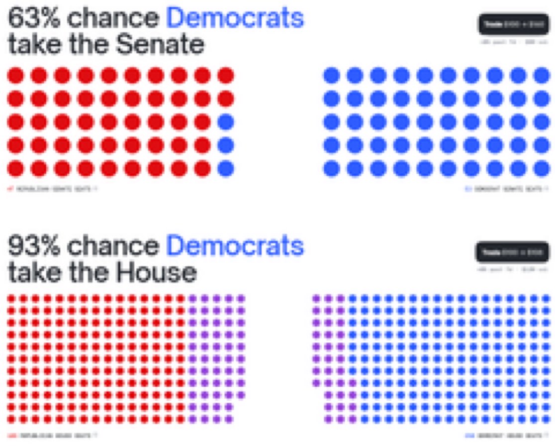 charlesbiello's tweet photo. Polymarket: Democrats are now favored to take back the Senate (63% probability) and the House (93% probability) in the midterm elections, the highest odds to date... https://t.co/gGgJneaWoB