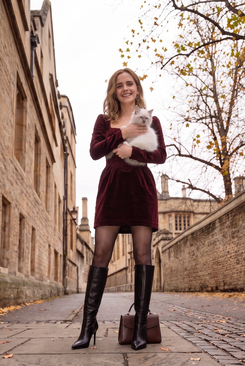 LookloomAI's tweet photo. From real flowers to Dark Academia.
We brought Look B to life for Emma Watson: oxblood velvet, sheer black tights, and an autumn night in Oxford.
Did we make the right choice?
Unofficial AI fashion concept. https://t.co/iyJTpNcXWm