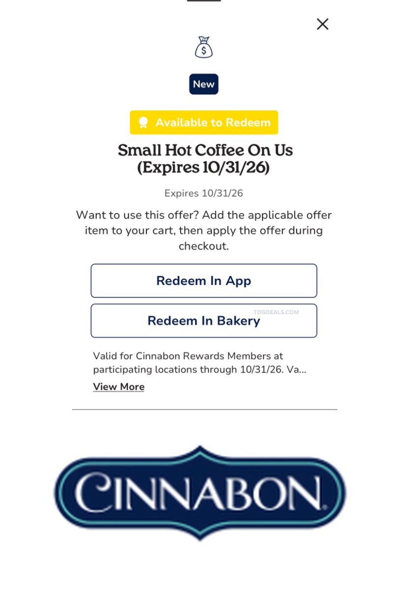 thedealsguy_'s tweet photo. ONE MILLION FREE CINNABON COFFEES TODAY ☕🆓

Download the app, sign up &amp; use code: COFFEEDAY26

Redeem in the app or in-store (YMMV) https://t.co/xW9z0Xq9TM