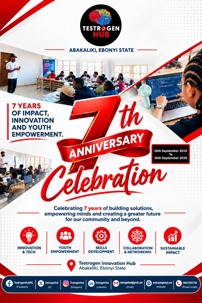 TestrogenHub's tweet photo. We are 7!🎉
7 years as Ebonyi's first Innovation Hub
7 years of train building, and incubating ideas.
From co-working to code, we have trained 500+ youths and helped startups grow.
Happy 7th Anniversary, Testrogen Innovation Hub 
#TestrogenAt7 https://t.co/A8E2taOL5x