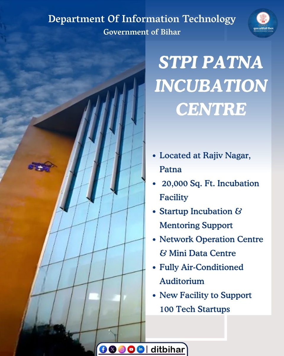 DitBihar's tweet photo. Your next big idea could start right here in Patna.

With a 20,000 sq. ft. incubation facility, startup mentoring, tech infrastructure and support for 100 tech startups, STPI Patna is creating the space where ideas can grow into businesses.

Bihar is not just embracing technology, it is building for the next generation of innovators.

@mishranitish 
@AbhaySinghIAS 
@stpiindia 
@STPI_PATNA 

#STPIPatna #StartupBihar #BiharStartups #BiharIT #TechInBihar #StartupIndia #InnovationInBihar #DigitalBihar #TechStartups #MadeInBihar #BiharGrowth #entrepreneurship