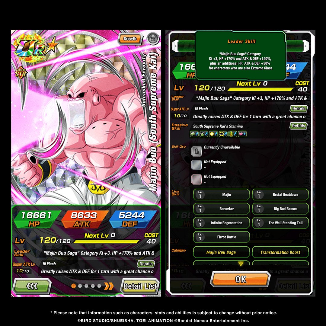 rychuslc's tweet photo. Pure chaos is coming to Dokkan Battle! 💥👹

First-hand information on UR [Unleashed Ferocity] Majin Buu (South Supreme Kai)'s stats!

#DokkanBattle #DragonBallZ #DBZDokkanBattle #MajinBuu #MajinBuuSaga #URBuu #ExtremeSTR #AnimeGaming #MobileGames #GachaGames #DragonBall https://t.co/Nxqgg2V2M4