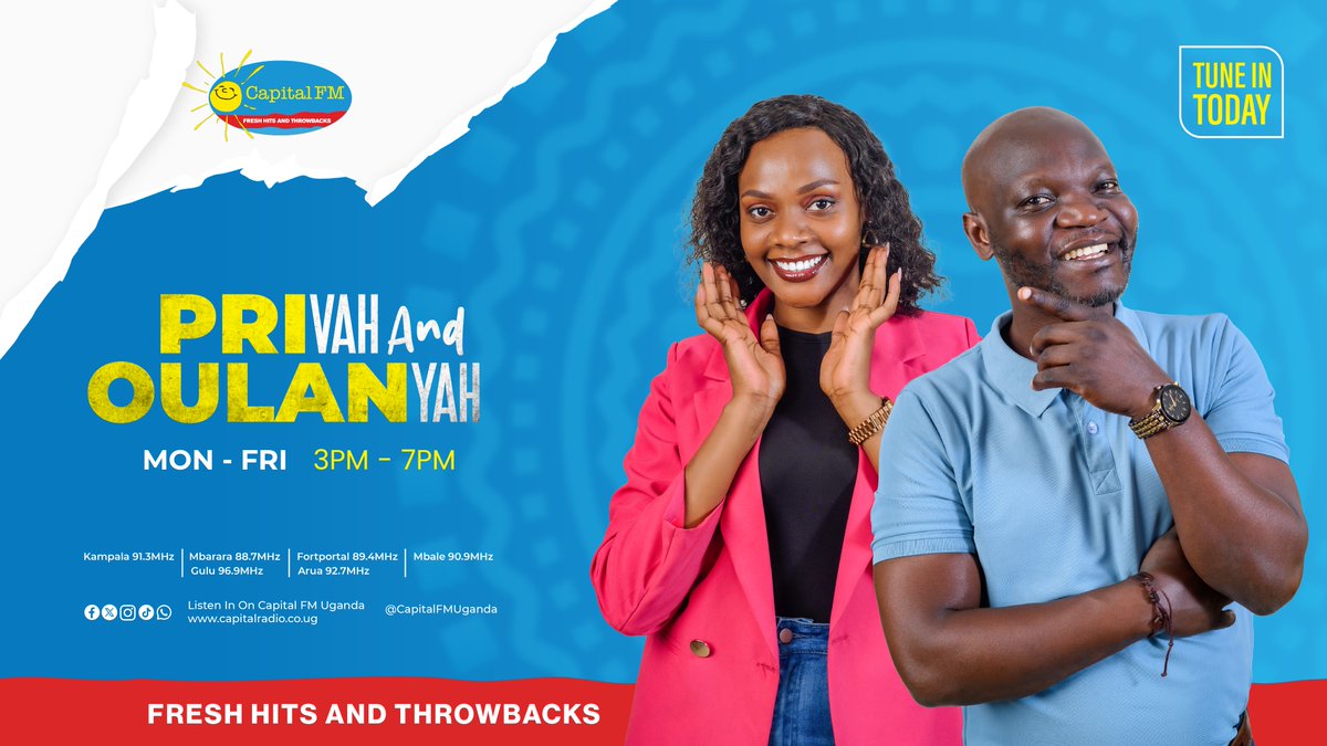CapitalFMUganda's tweet photo. WE ARE LIVE RIGHT NOW.

Turn your dial to #CapitalFM and join #PrivahAndOulanyah for the ultimate evening drive. Great music, laughs, and pure vibes until 7 PM. 

Listen online: https://t.co/qI0hf0wvfE

#PrivahAndOulanyah #CapitalFM #TuneInNow https://t.co/uQNEQUk2LX