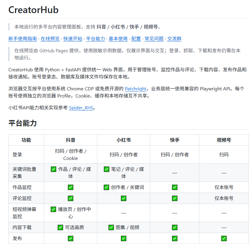 bkdgiffug's tweet photo. 做抖音、小红书、快手、视频号，账号一多就容易乱？

CreatorHub 把多个平台统一到一个 Web 后台，账号、作品、评论、采集和发布都能集中管理。

① 监控账号更新、关键词批量采集作品和评论
② 支持内容下载，抖音可选画质，小红书支持图集和视频
③ 支持跨平台转发和多账号管理
④ 评论监控、消息通知一并整合
⑤ 提供操作风控管理，减少频繁操作带来的限制

适合需要同时运营多个内容平台的人，把原本分散的工作流集中到一个面板里。
🔗 https://t.co/YnFaRxDpOy
