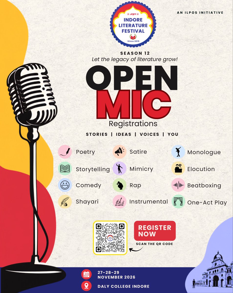 Indorelitfest's tweet photo. Your voice. Your stage. Your story.
Open Mic registrations are now open at Indore Literature Festival! Scan the QR or click on this link,   
https://t.co/hQJ6U2krBW
Register now and let your talent shine.
#IndoreLiteratureFestival #OpenMic  #ilf26
#YourVoiceYourStage #Sahitya https://t.co/i7dCksW97M
