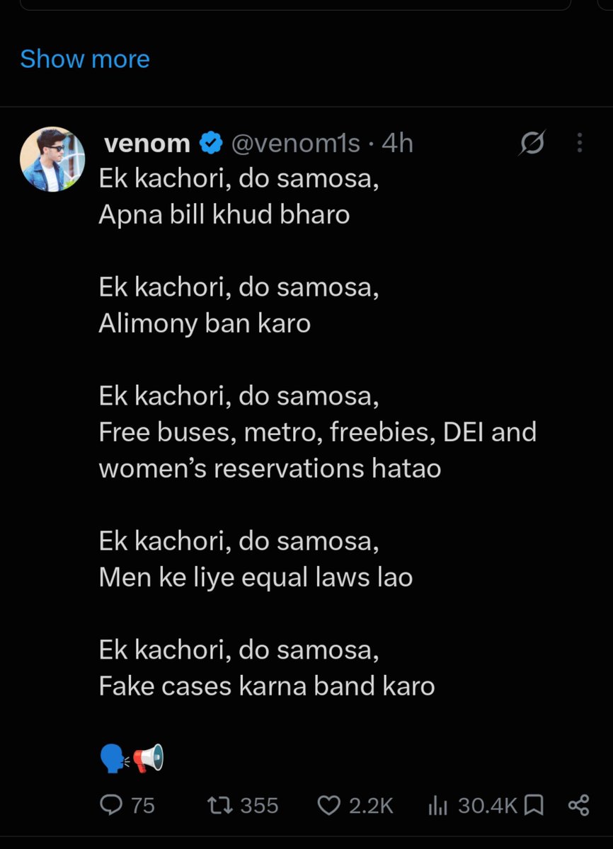 Zingoorr's tweet photo. Reply to VENOM- 

Ek kachori, do samosa
Sad chuka hai tera khopda

Ek kachori, do samosa
Band karo ghatiya dahej pratha

Ek kachori, do samosa
Auraton ko aadhi salary do, nahi lenge kuch bhi free ka.

Ek kachori, do samosa
Band karo ghunghat aur burqa.

Ek kachori, do samosa
Domestic violence hoga toh case bhi hoga.

And the last one is free from my side:

Ek kachori, do samosa
Apni maa bahan ka name mat duba.