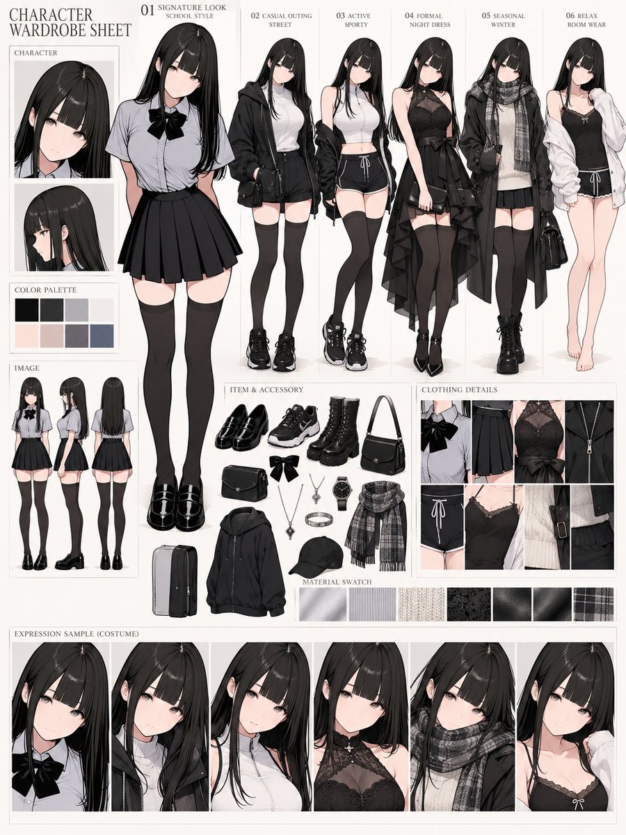 notoro_ai's tweet photo. ChatGPTで、キャラクター専用のワードローブ資料を作れる
「CHARACTER WARDROBE SHEET」
のプロンプトを作成しました。

参照画像の人物・キャラクターらしさや画風をできるだけ維持しながら、
普段着、外出着、季節服、フォーマル、リラックスウェアなど、
「このキャラクターが実際に持っていそうな服」をまとめてデザインできます。

イラストだけでなく、実写風の画像にも対応しています。

参照画像とプロンプトを使って、
自分のキャラクター専用のクローゼット資料をぜひ作ってみてください。

↓プロンプトはこちらです↓