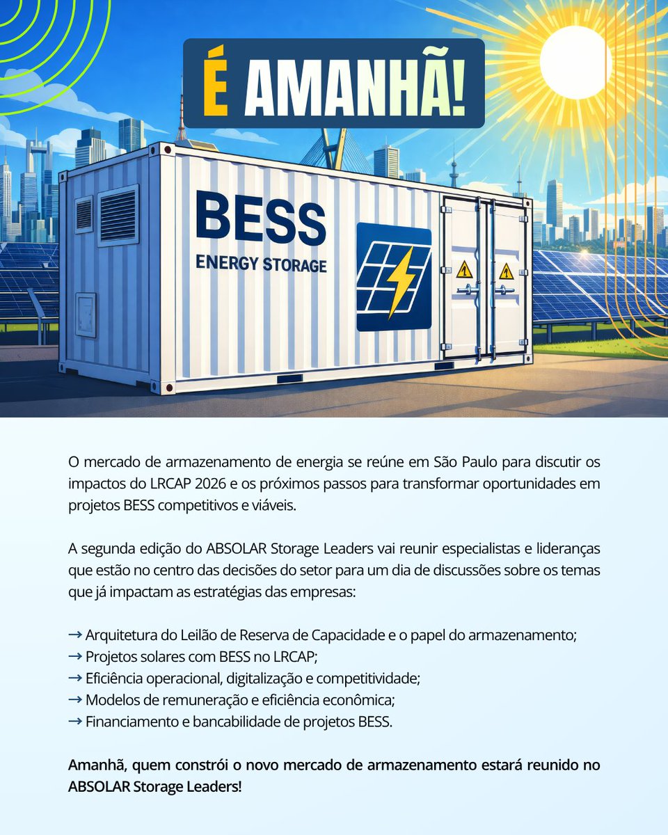 ABSOLAR_Brasil's tweet photo. É AMANHÃ, dia 30 de setembro! E a última chamada é agora.

O ABSOLAR Storage Leaders é o encontro para quem quer estar à frente das oportunidades que estão movimentando o mercado de armazenamento de energia no Brasil.

Conexões estratégicas, novos negócios e acesso a quem está protagonizando esse setor.

Não deixe para depois: garanta agora a sua vaga. Inscreva-se e esteja entre os líderes do armazenamento de energia:
https://t.co/CbP8ukRo7g

E o melhor: tenha 30% de desconto usando o cupom ABSOLAR30.

#StorageLeaders #ABSOLAR #BESS #armazenamentodeenergia #EnergyStorage #setoreletrico