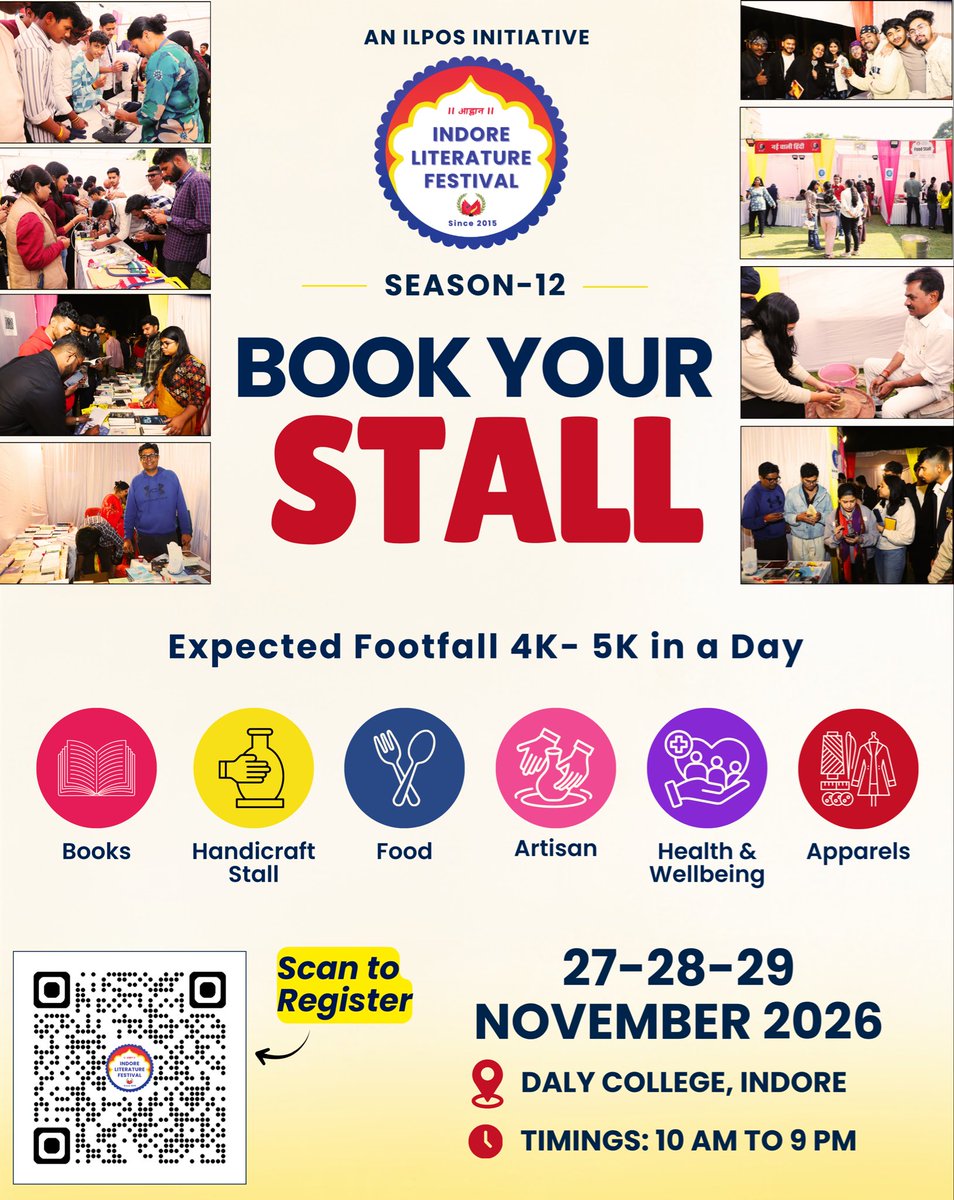 Indorelitfest's tweet photo. Book your space at the most prestigious Literary event.
Indore Literature Festival. Season 12. Register on the QR.
27-29th November 2026
Daly College, Indore
#Sahitya #bookstagram #literature #IndoreEvents #ilf26 #culture #indorelitfest #BookFest
#indoreevents #Stallspace https://t.co/xuQztx9FI9