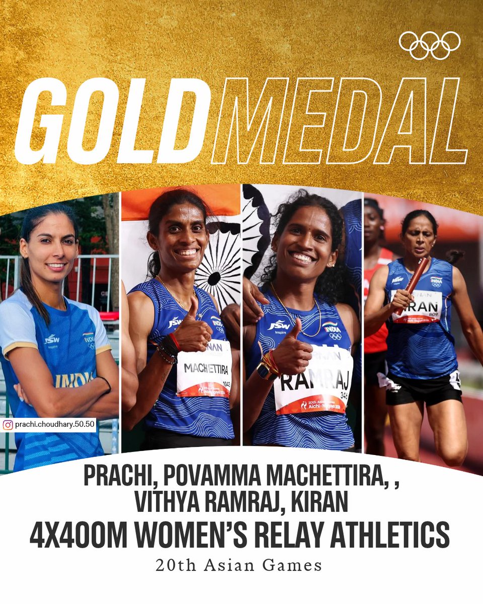 OlympicKhel's tweet photo. GOLD FOR INDIA! 🥇🇮🇳

Kiran, Machettira Poovamma, Prachi and Vithya Ramraj stormed to gold in the women’s 4x400m relay, clocking 3:29.69 to win India’s first track gold at #AichiNagoya2026! 🔥

#AsianGames https://t.co/SzoglGH3p7