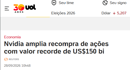 BrunoCorano's tweet photo. A NVIDIA deu mais um sinal muito importante para o mercado hoje. 

Eles anunciaram a recompra de US$ 150 bilhões em ações. Para isso servir como comparação, esse número representa a maior autorização de recompra da história corporativa americana, batendo um recorde que era da Apple de US$ 110 bilhões de recompra de ações em 2024. Agora, o que eles querem com isso e o que eles mostram? 

Bom, eles deixam claro que para eles o ciclo de inteligência artificial não é um pico temporário, mas de fato uma mudança de plataforma geracional. Ou seja, que eles estão muito seguros de que eles vão continuar crescendo. 

Hoje, a empresa já vale mais de US$ 5 trilhões e apenas no último trimestre, a receita atingiu o recorde de US$ 96 bilhões, com uma projeção de crescimento de mais de 70% no ano fiscal de 2028. Um absurdo. 

Então, quando uma empresa recompra as próprias ações nessa escala, ela está reduzindo a base de papéis em circulação. E isso aumenta o lucro por ação e manda um recado direto para o mercado, de que eles confiam fortemente nos planos da empresa.

Mas, logicamente, tem pontos que a gente precisa ficar atento. 

O primeiro é, até quando essa demanda vai crescer sem fim? O segundo é, até quando eles não terão concorrentes à altura? E, por fim, a NVIDIA virou quase um grande fundo institucional dentro do próprio ecossistema. 

Ela investe em mais de 240 empresas, incluindo os gigantes como, por exemplo, a OpenAI.E agora ela entrou como fiadora de US$ 500 bilhões em financiamento de datacenters para que os clientes consigam comprar os seus chips. Eles chamam isso de alimentar o flywheel, que é o motor de crescimento do setor. 

Mas isso, logicamente, gera preocupação pelo modelo de compromisso e dependência.

Se você quer estar absolutamente por dentro desses detalhes, digita aqui "COMUNIDADE" e vem fazer parte comigo de um grupo fechado gratuito que eu estou criando.