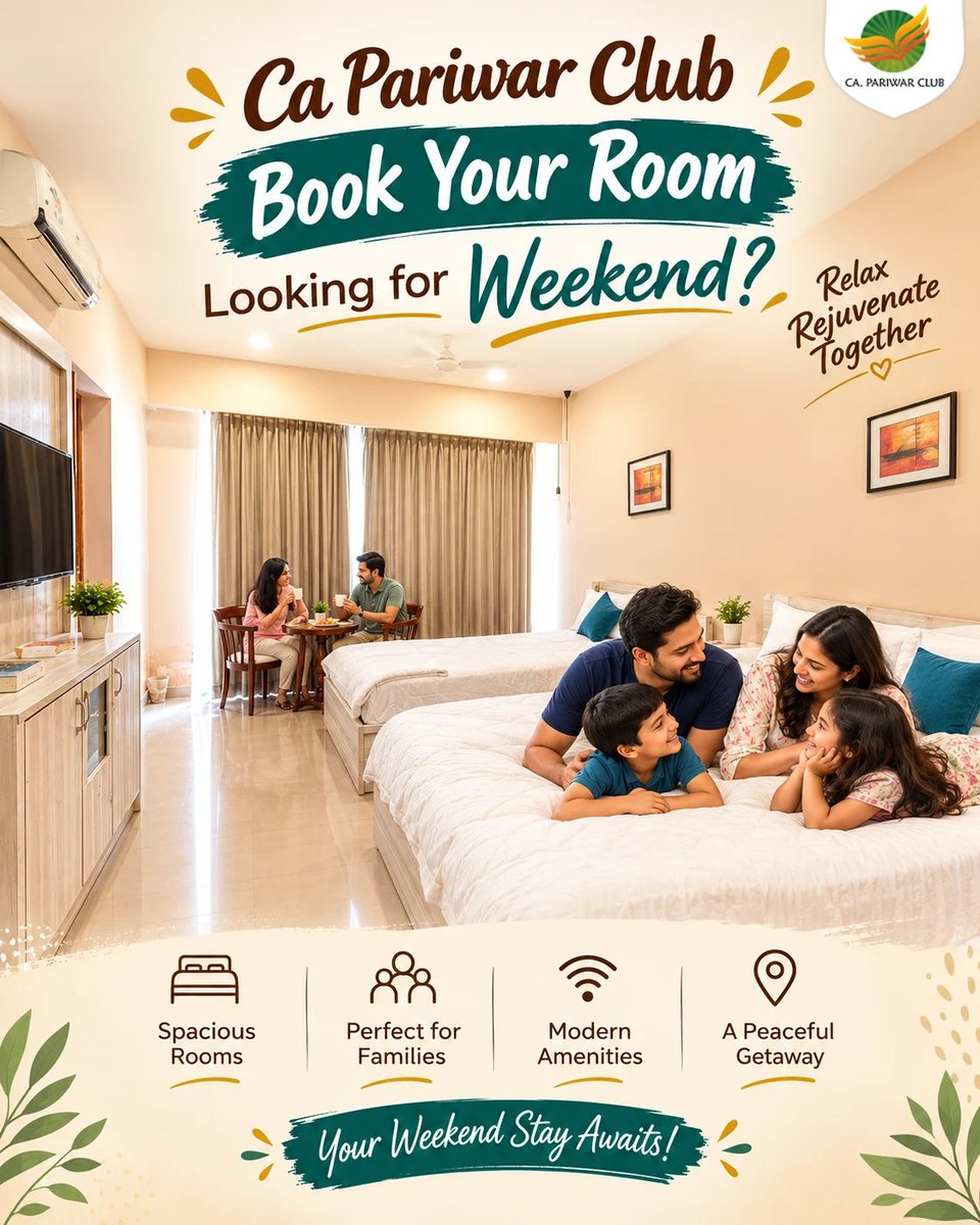 PariwarClub's tweet photo. ✨ Looking for the perfect weekend getaway? ✨
Make your weekend special at Ca Pariwar Club — spacious rooms, family-friendly comfort, modern amenities, and a peaceful stay all in one place! 🏨💙 today and make your weekend stay memorable! 🌿
#CaPariwarClub #BookYourRoom https://t.co/IuWvbApTAh