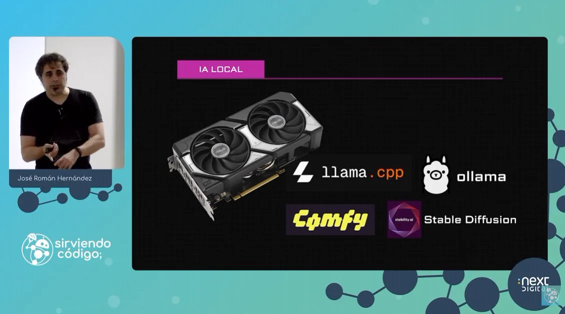 Captura de la charla, donde ManzDev habla sobre la IA local y motores y software específicos.