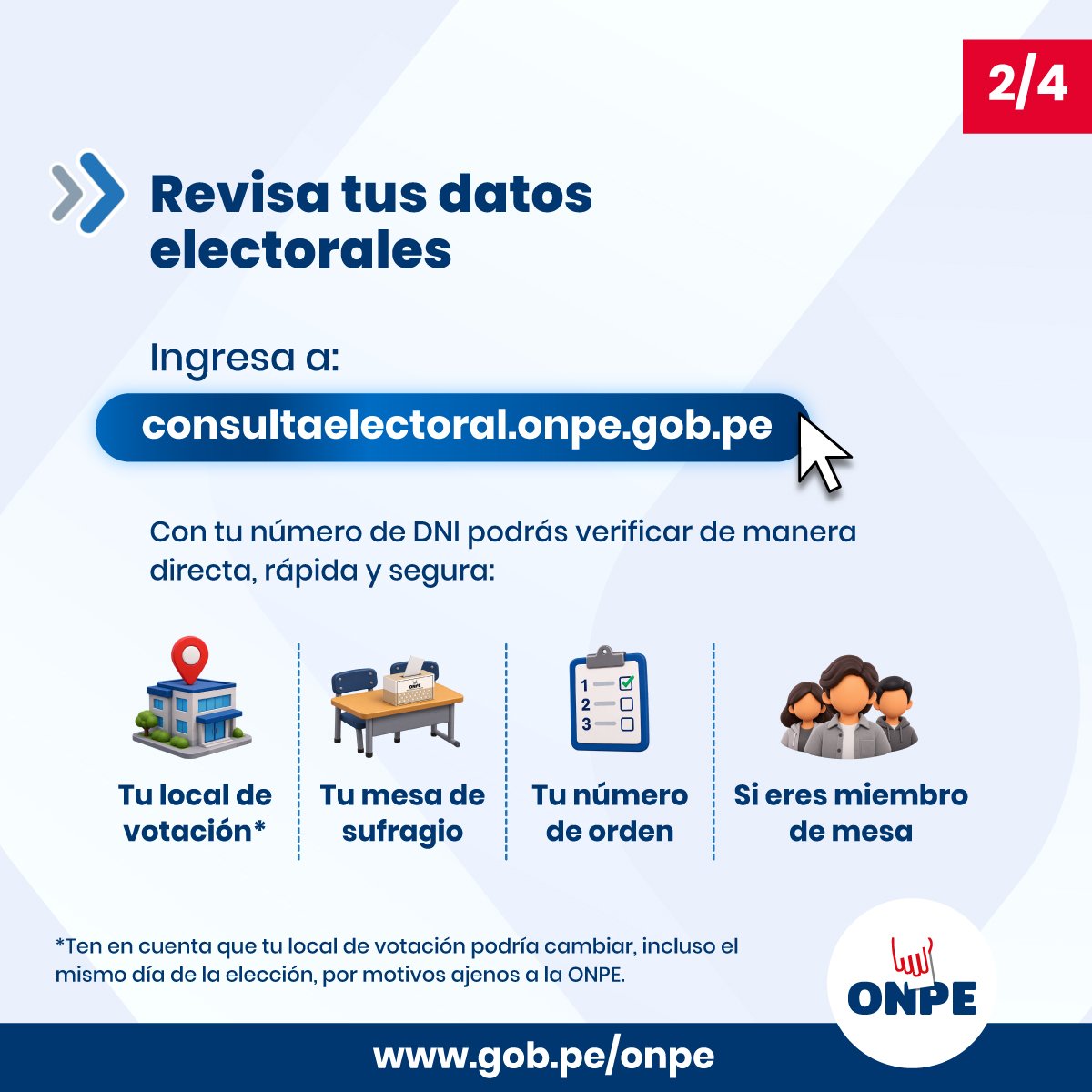 ONPE_oficial's tweet photo. 🗳️ Verifica tus datos electorales antes de acudir a votar en estas Elecciones Regionales y Municipales 2026.

📲 Ingresa a https://t.co/0mA48Oi5mY con tu número de DNI e infórmate sobre tu local de votación, mesa de sufragio, número de orden y si fuiste designado miembro de mesa. https://t.co/GBsnZ0GrRp