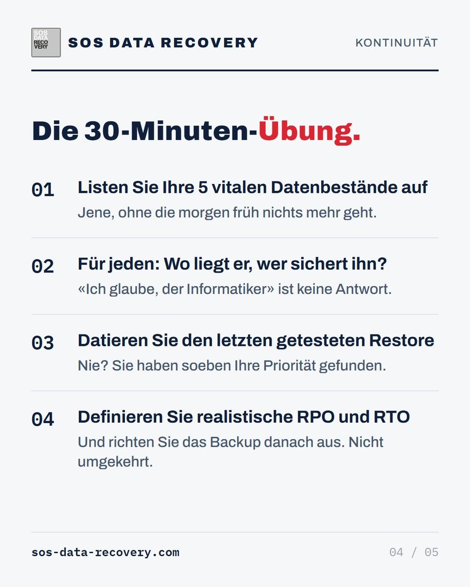 datarecovery_ch's tweet photo. Ihr Unternehmen ohne seine Daten: Wie lange hält es durch? Zwei Kürzel entscheiden: RPO (wie viele Daten verlieren) und RTO (wie lange stillstehen). Die meisten Geschäftsleitungen kennen sie nicht.
→ https://t.co/ZpVedjKXn8

#RTO #RPO #KMU https://t.co/dG1MPqxhzR