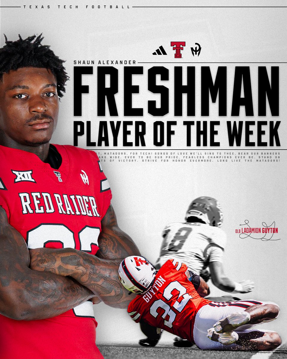 TexasTechFB's tweet photo. LaDamion Guyton named the Shaun Alexander National Freshman of the Week 😤 https://t.co/FUHgoYherc