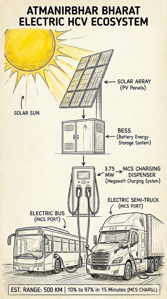 IQ_Pandaz's tweet photo. @NITIAayog should plan for Megawatt Charging Station Hubs integrated with BESS on key routes to facilitate faster adoption of ETruck/Bus. Each hub should have multiple dispensers, each capable of delivering upto 3.5 MW &amp; 10 such dispensers per Station 
@Maheshsbabu @DrQureshiH https://t.co/8v5wlpb67i