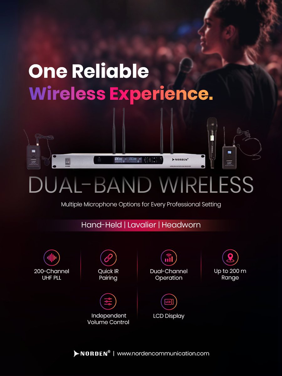 NordenGlobal's tweet photo. 🎙️ Flexible wireless. Built for every voice.
Norden’s wireless microphone range offers 2 handheld, 2 lavalier, or 1 handheld + 1 lavalier configurations, giving you the flexibility to choose the setup that fits your event.
#NordenCommunication #WirelessMicrophone #ProAV https://t.co/j7L55exL5f