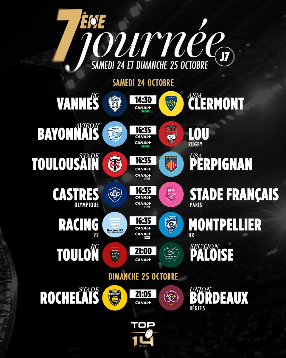 top14rugby's tweet photo. La programmation des dates et horaires de la 7ᵉ journée de #TOP14 est désormais connue 🗓️ https://t.co/aETPrImPLA