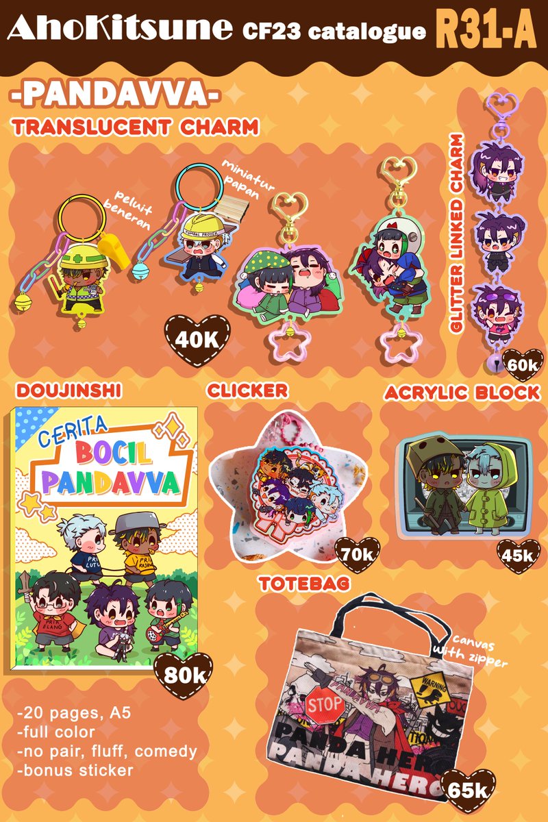 aho_Kitsune's tweet photo. Like &amp; share appreciated 🙏🫶

Full Catalogue for #CF23 #COMIFURO23
PO batch 2 open !! ✨
Swipe for full catalogue.

🌸 mail order (pick up closed)
📍hidup mati, R31-A both day
📎 on reply
🗓️ 27 oct
💫 Pandavva, wind breaker, kaiju no 8, tamon's b side

#Cf23catalogue https://t.co/nKzmEtAmn5