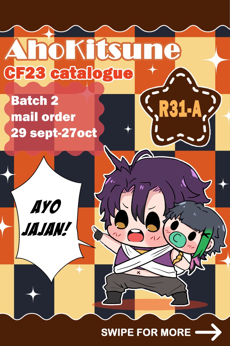 aho_Kitsune's tweet photo. Like &amp; share appreciated 🙏🫶

Full Catalogue for #CF23 #COMIFURO23
PO batch 2 open !! ✨
Swipe for full catalogue.

🌸 mail order (pick up closed)
📍hidup mati, R31-A both day
📎 on reply
🗓️ 27 oct
💫 Pandavva, wind breaker, kaiju no 8, tamon's b side

#Cf23catalogue https://t.co/nKzmEtAmn5