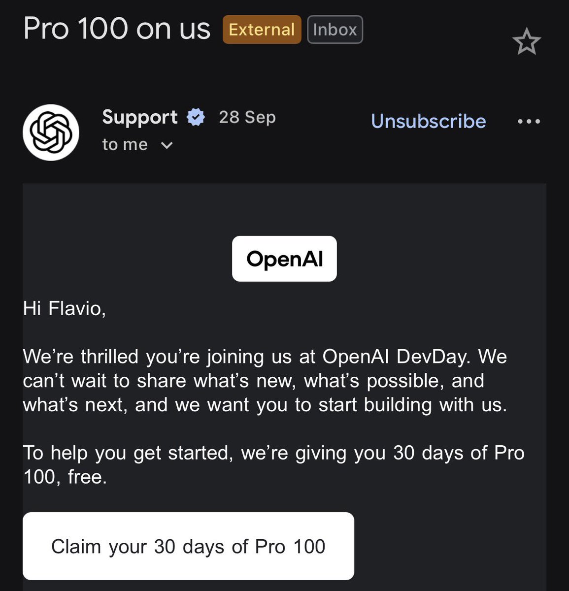 flavioAd's tweet photo. Everyone attending DevDay gets 30 days of ChatGPT Pro for free :) https://t.co/Pjr9TjSFFi