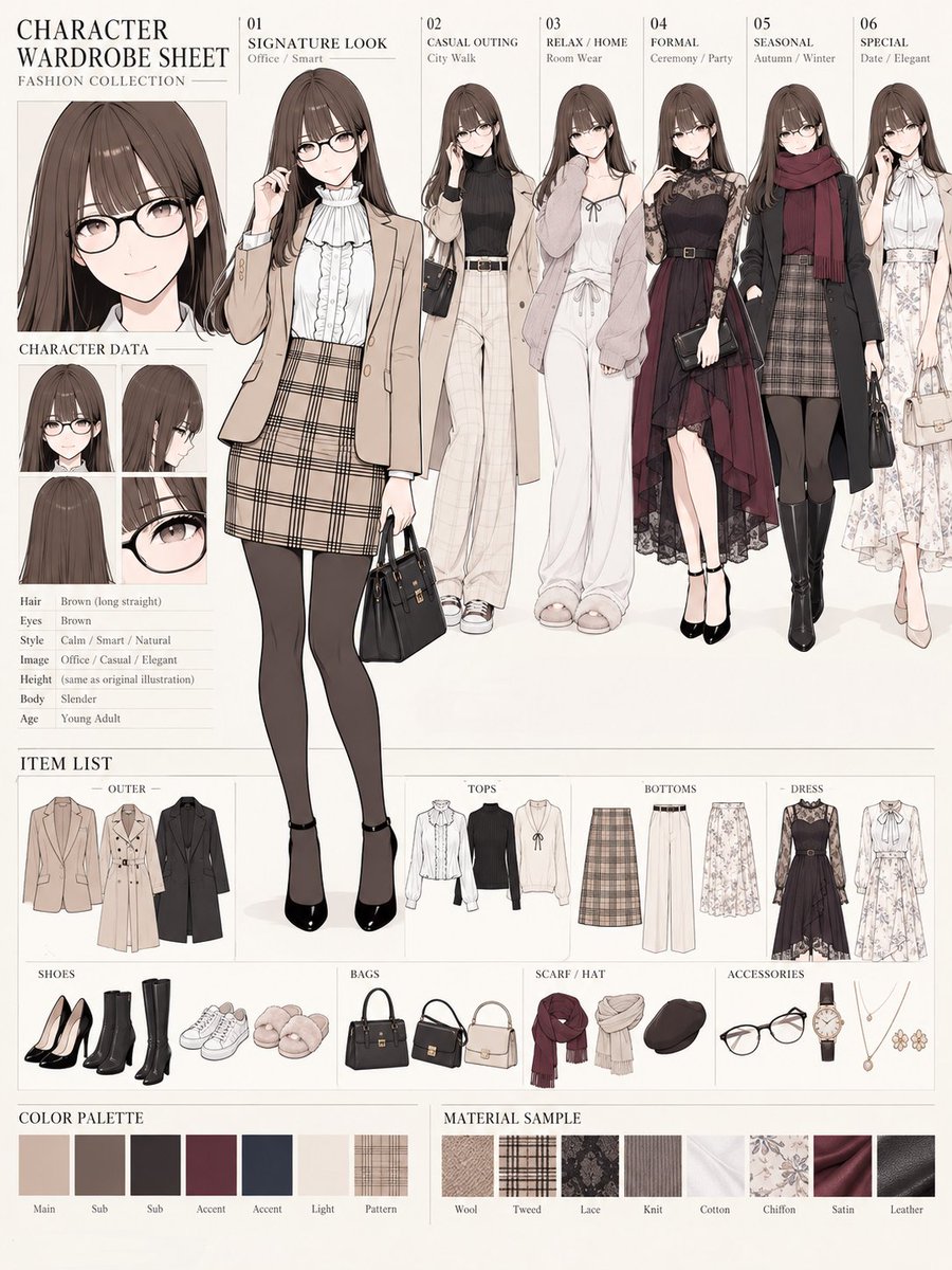 notoro_ai's tweet photo. ChatGPTで、キャラクター専用のワードローブ資料を作れる
「CHARACTER WARDROBE SHEET」
のプロンプトを作成しました。

参照画像の人物・キャラクターらしさや画風をできるだけ維持しながら、
普段着、外出着、季節服、フォーマル、リラックスウェアなど、
「このキャラクターが実際に持っていそうな服」をまとめてデザインできます。

イラストだけでなく、実写風の画像にも対応しています。

参照画像とプロンプトを使って、
自分のキャラクター専用のクローゼット資料をぜひ作ってみてください。

↓プロンプトはこちらです↓