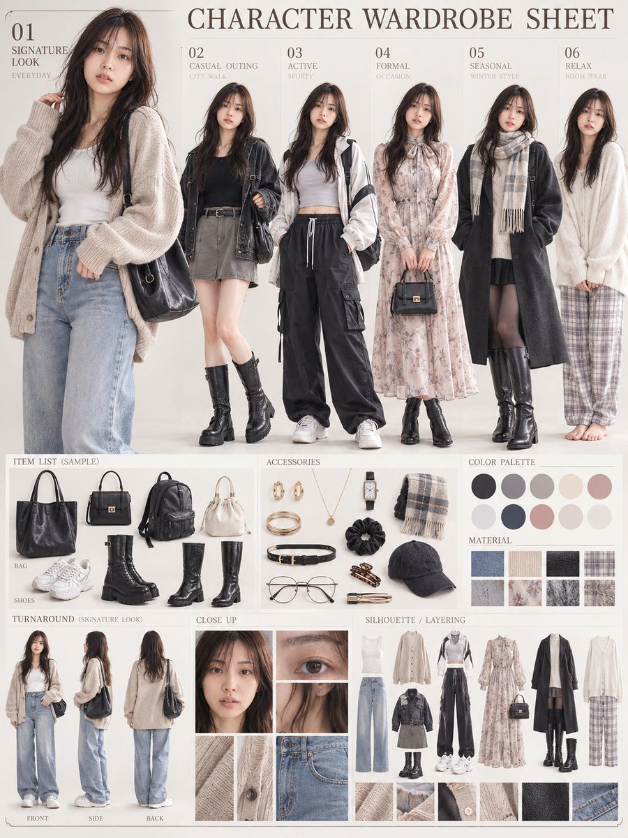 notoro_ai's tweet photo. ChatGPTで、キャラクター専用のワードローブ資料を作れる
「CHARACTER WARDROBE SHEET」
のプロンプトを作成しました。

参照画像の人物・キャラクターらしさや画風をできるだけ維持しながら、
普段着、外出着、季節服、フォーマル、リラックスウェアなど、
「このキャラクターが実際に持っていそうな服」をまとめてデザインできます。

イラストだけでなく、実写風の画像にも対応しています。

参照画像とプロンプトを使って、
自分のキャラクター専用のクローゼット資料をぜひ作ってみてください。

↓プロンプトはこちらです↓