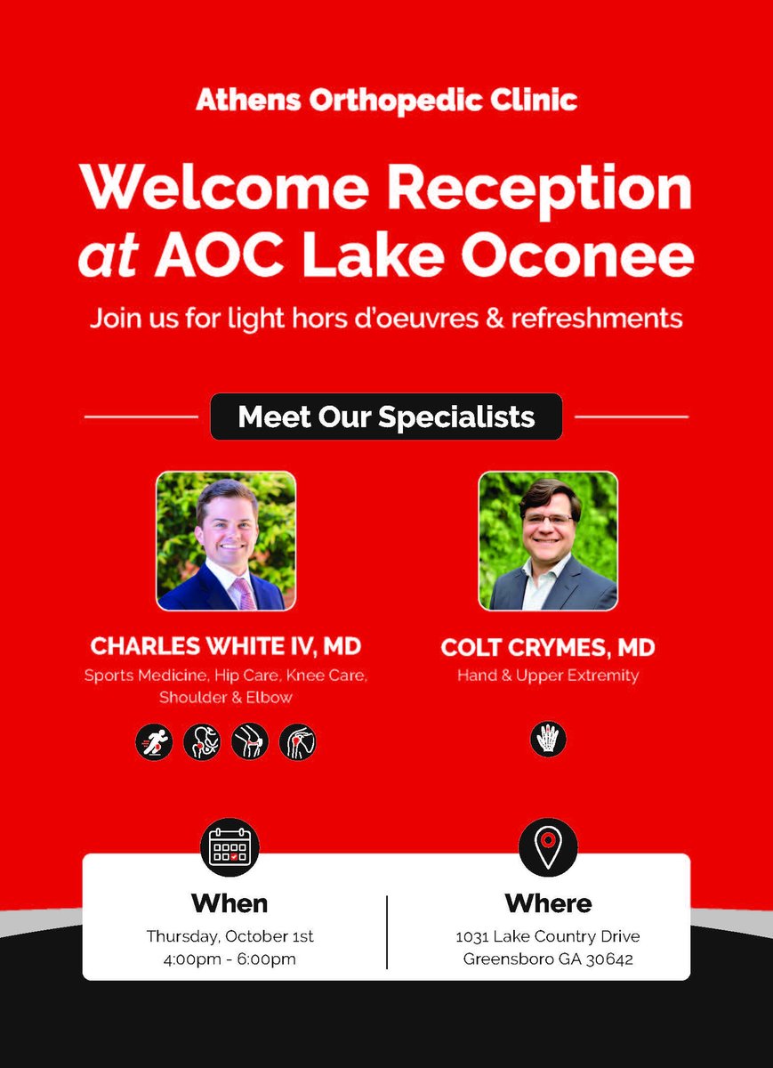 GreeneGaCCOC's tweet photo. Meet the specialists of Athens Orthopedic Clinic with their welcome reception this Thursday! Light hors d'oeuvres and refreshments will be provided. 

#GCCoC #GreeneCountyChamber #ChamberMember #LocalEvents https://t.co/kvJLQ2oAJi