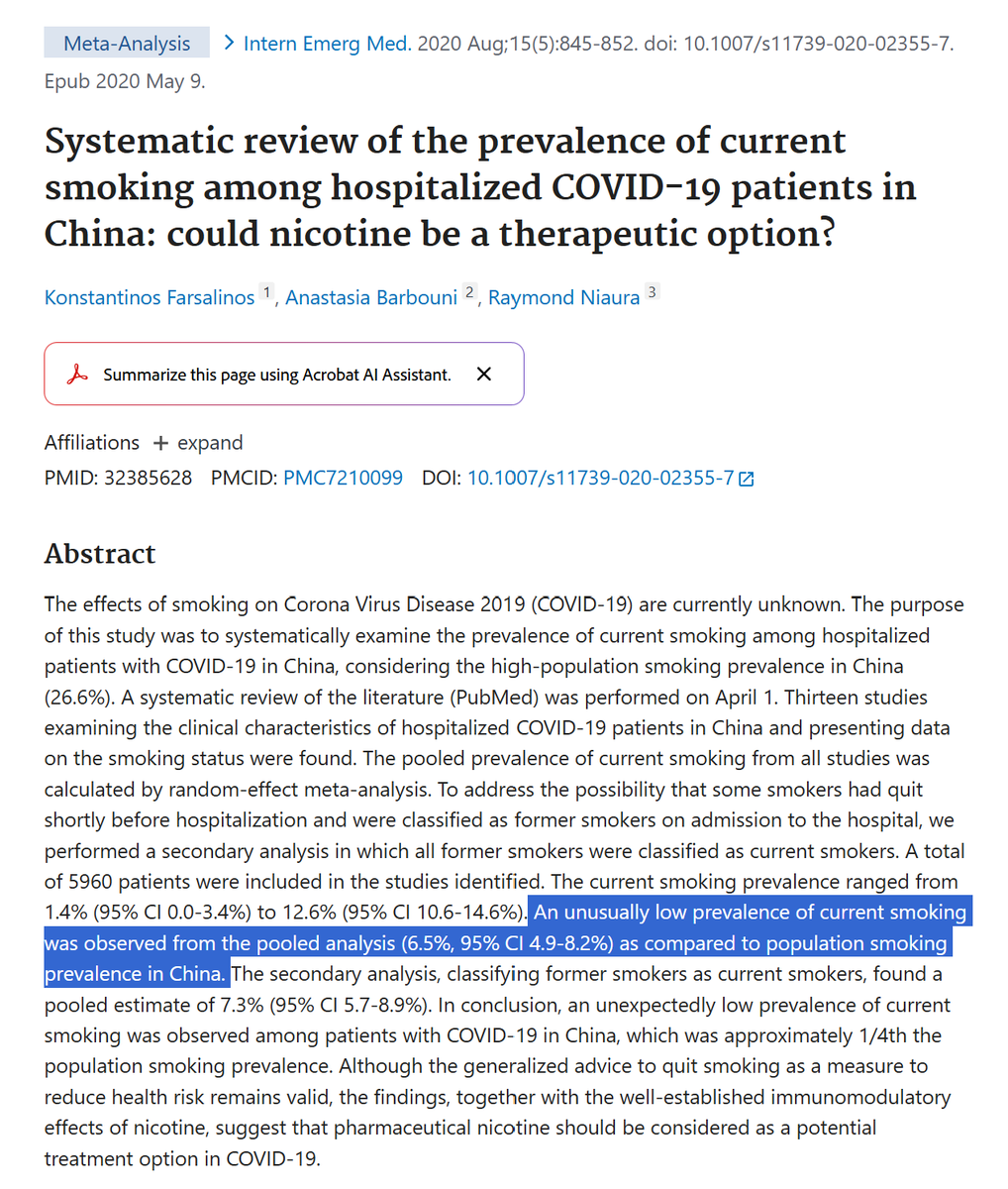 P_McCulloughMD's tweet photo. Initially the data suggested smokers had less severe COVID-19 potentially due to a protective effect of nicotine.  Courtesy Dr Jess Unfiltered.  @McCulloughFund https://t.co/KBdWWD5TSy