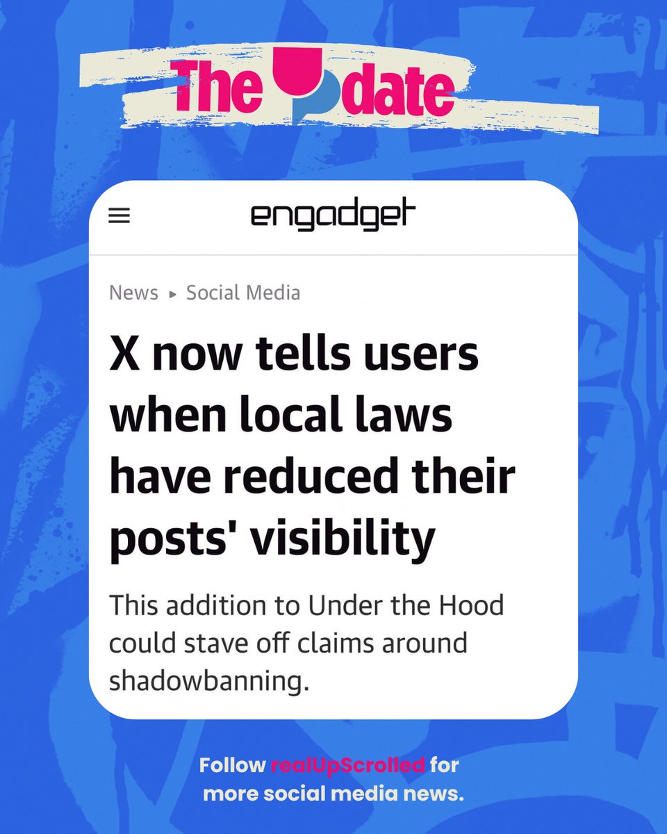 realUpScrolled's tweet photo. The UPdate: X now shows when governments limit your posts.

The expanded "Under the Hood" tool names the country and posts affected when local laws reduce visibility, aiming to counter shadowban claims.

#UpScrolled #TheUPdate https://t.co/HYKOlAVzrr