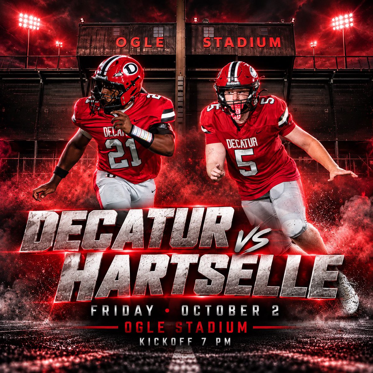 dhsfoot_ball's tweet photo. Decatur vs Hartselle  at Ogle Stadium in Friday, October 2nd! Kickoff at 7pm. 
#fn5gl 
#Entry 
#RedRaiders 
#Tradition 
@TMobile https://t.co/9EVVV6HENN