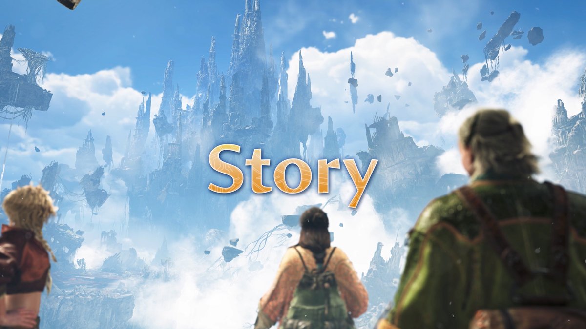 Three adventurers stand gazing at a fantastical floating castle in the clouds, with the word "Story" displayed in golden text in the center.