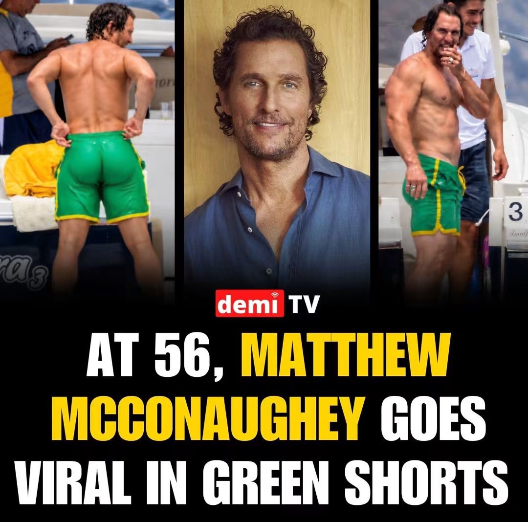 Toya3334L's tweet photo. Matthew McConaughey is going viral after photos of the 56-year-old actor enjoying time on a boat in bright green swim shorts resurfaced online. Fans are calling the Oscar winner serious body goals, praising his fit physique and reminding everyone that apparently “alright, alright, alright” applies to aging too. #DemiTv