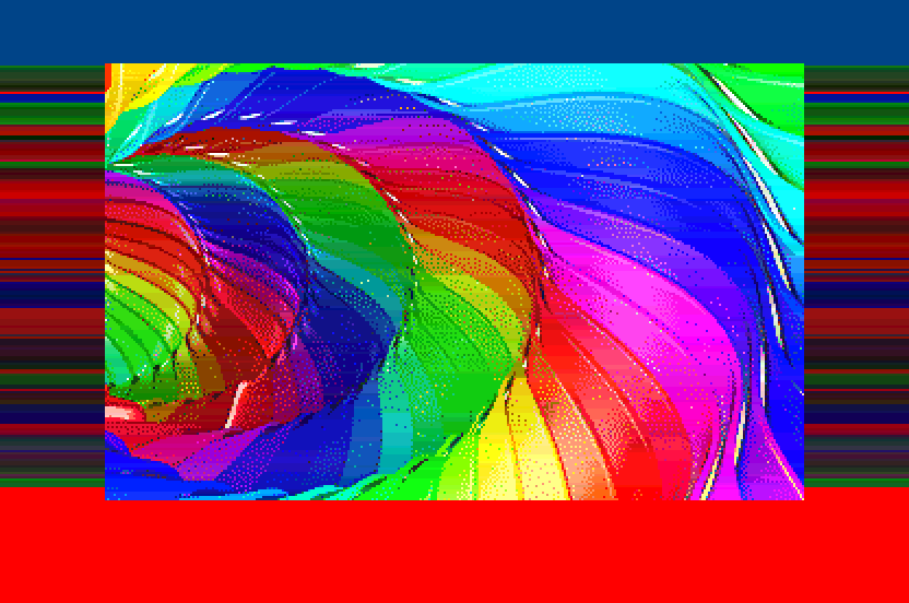 neilrackett's tweet photo. Before MD/DOOM and Flashback, I wanted to see how far I could push on-screen colours on #AtariST and created experiments to switch palette 1, 2 and 3 times per row (48 x 200 = 9,600 colour options).

Doesn't work for games, but looks great static, so thought I'd share the code in case it's useful to anyone: https://t.co/pGhYtUOFxx