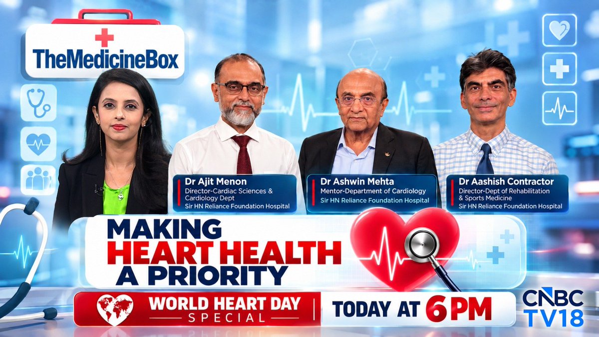 CNBCTV18Live's tweet photo. ❓ Q: What should you do in the first few minutes of a heart attack?
✅Ans: Dr. Aashish Contractor Says,

💊 Chew aspirin, it acts faster
🏥 Go to the closest hospital
🐘 It feels like an elephant sitting on your chest

This World Heart Day, join The Medicine Box for a special conversation on heart health with leading cardiology and sports medicine experts.

📺 Today at 6 PM on CNBC-TV18

#WorldHeartDay #TheMedicineBox #HeartHealth #CNBCTV18