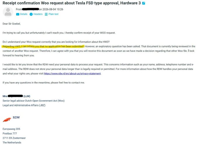 An email confirmation from RDW (Netherlands vehicle authority) regarding a Woo request about Tesla FSD type approval, addressed to Sir Goebl.