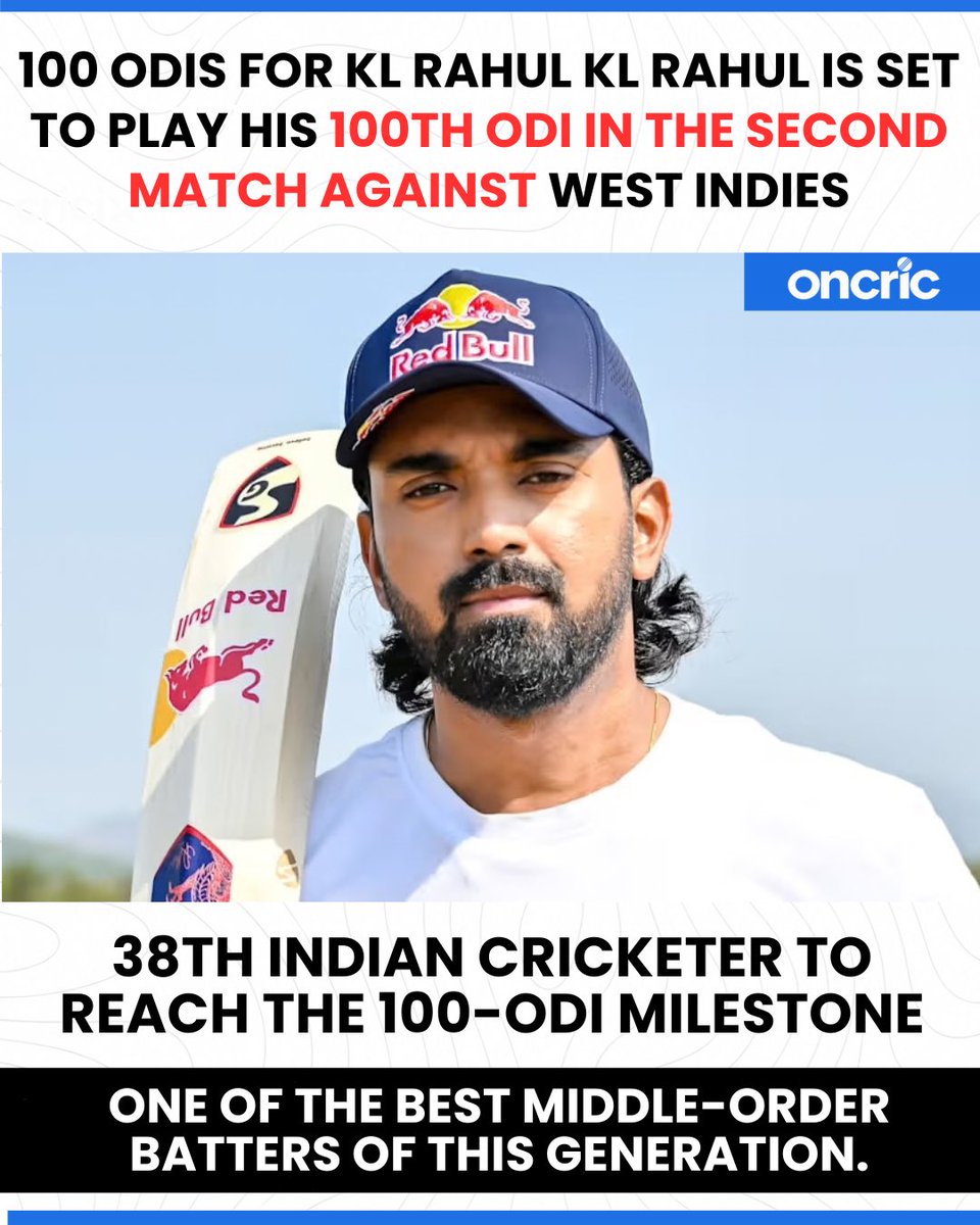 oncric_'s tweet photo. KL Rahul is set to reach a major milestone as he gears up to play his 100th ODI for India in the second match against West Indies. 🇮🇳🏏

A landmark moment for one of India’s finest middle-order batters. https://t.co/u8Tv6a7Z0k