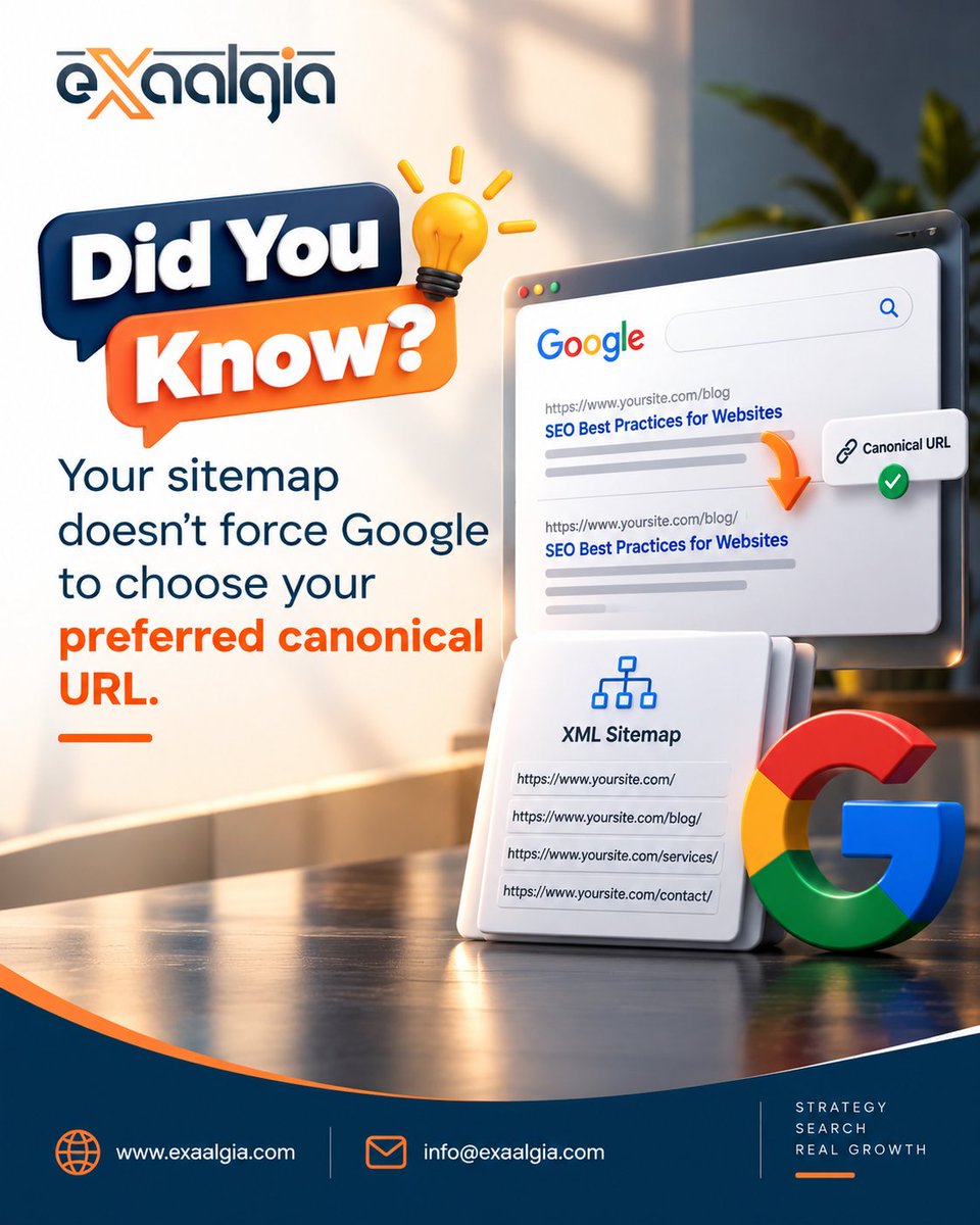 Exaalgia's tweet photo. 👀 Your sitemap suggests. Google decides.

 A URL in your XML sitemap doesn’t guarantee Google will choose it as canonical. Keep canonical signals consistent across your site.

👉 Don’t just submit URLs—send consistent signals.

#TechnicalSEO #SEO #GoogleSearch #SEOTips https://t.co/dhvQ3pf3sQ