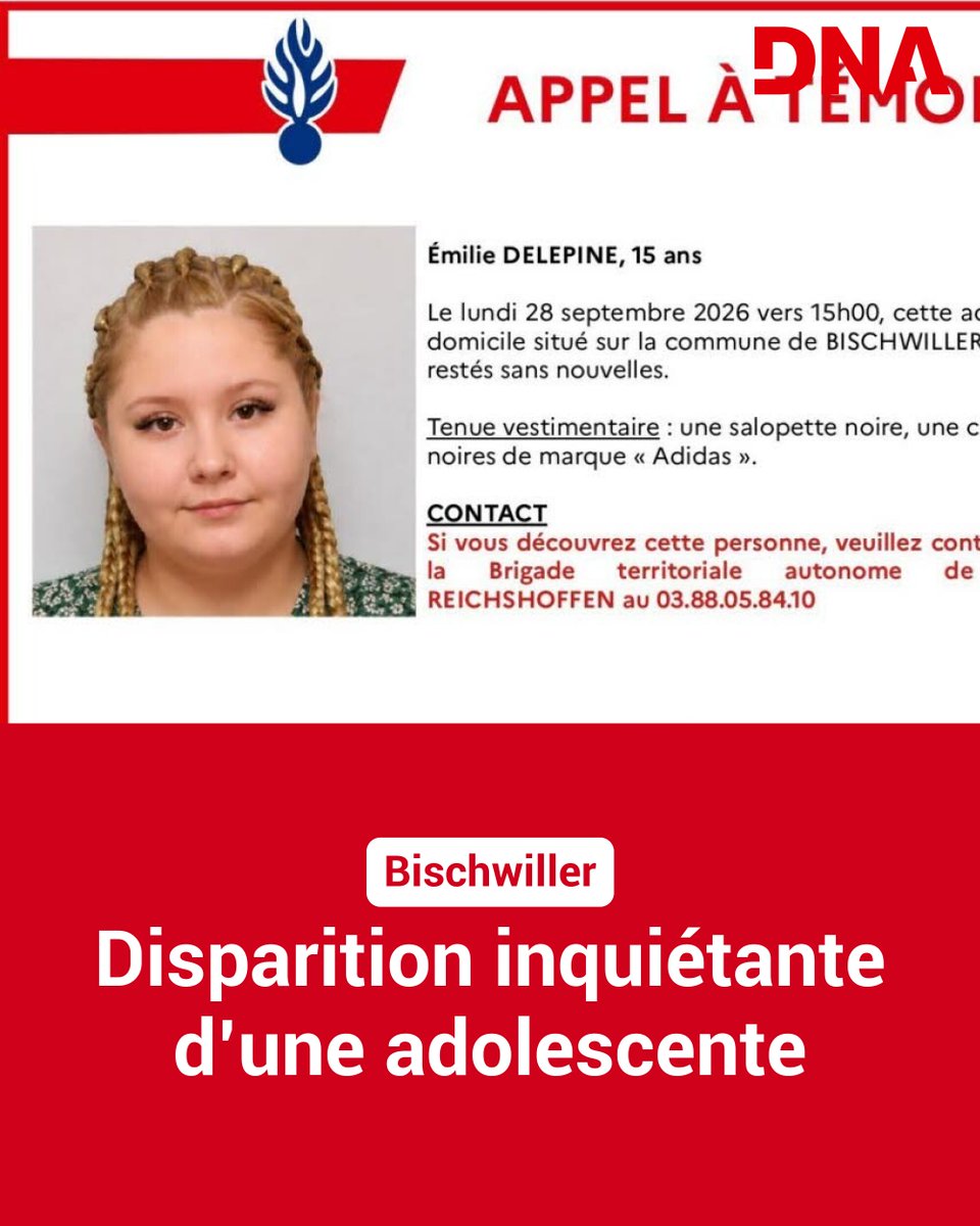 dnatweets's tweet photo. La gendarmerie nationale a lancé ce mardi 29 septembre un appel à témoins après la disparition inquiétante d'une adolescente âgée de 15 ans.
➡️ https://t.co/24CzpPORFO https://t.co/XKYx4PaOTO