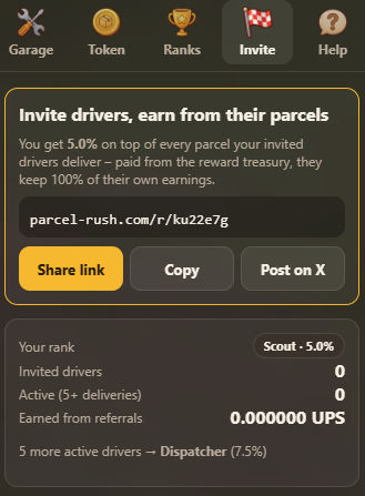 ParcelRushRH's tweet photo. Want to earn even more UPS stock? 

Invite your friends to the game and earn from every parcel they collect. 📦 https://t.co/PJs73PxhZf