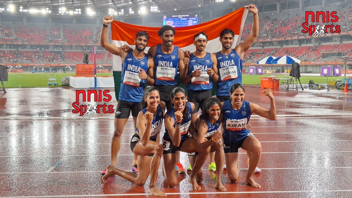 nnis_sports's tweet photo. If this doesn't make you cry, laugh, and feel completely inspired, nothing will.

The women's relay team pulling off an unforgettable gold for India at the absolute last second, alongside the men's team leaving it all on the track to secure bronze. Absolute cinema.

#AsianGames2026 #IndianAthletics #indiawingold #relaygold #4x400 #AG2026