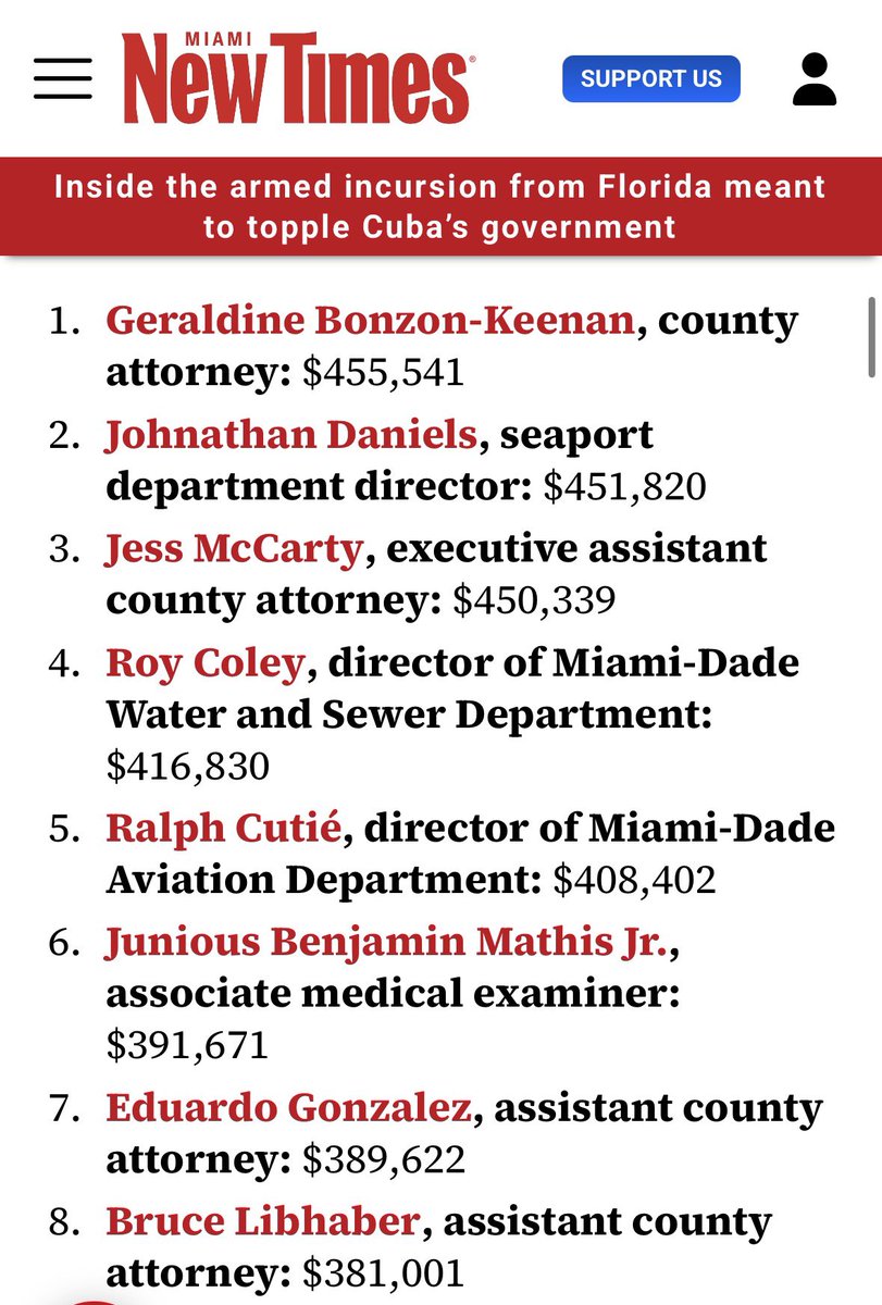 ReOpenChris's tweet photo. In Miami you have multiple Assistant County Attorneys making over $350,000.

The County Attorney herself makes $450,000.

The Director of Water and Sewer makes $416,000

And they cry that they won’t survive if Amendment 3 passes 🥴 https://t.co/TVS31oSSnj
