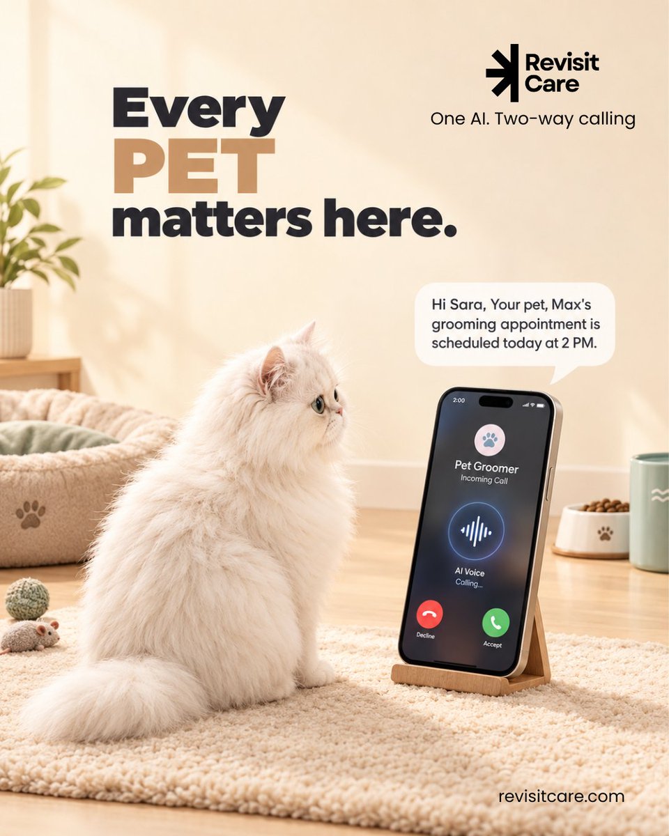 RevisitCare's tweet photo. Every Ring is a Reminder to Care.
🕰️ Automate Reminder calls
📞 No missed Appointments
✅ Just a better Pet care.
Book a free demo today.
https://t.co/xvSSwrMp5N
#PetGrooming #PetSalon #petclinic #vettech #PetBusiness #AIVoiceAgent #AIReceptionist #PetTech #RevisitCare https://t.co/cf7bbZqLFC