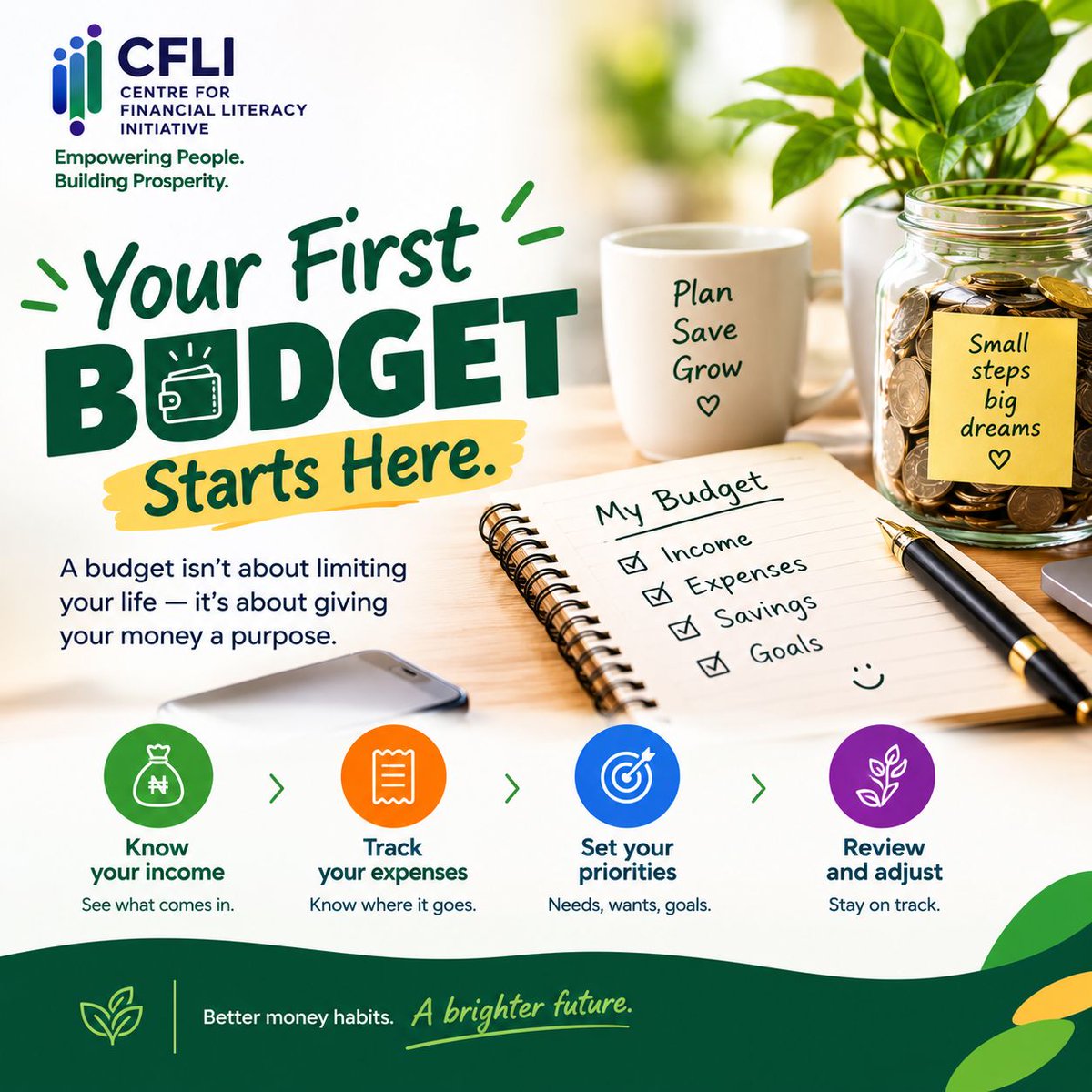 cfliinitiative's tweet photo. YOUR FIRST BUDGET STARTS HERE
If you've ever wondered, “Where did all my money go?” it may be time to give your money a plan.
#CFLI #FinancialLiteracy #budgeting #MoneyManagement #financialeducation #personalfinance #financialwellbeing #nigeria #MSMEs https://t.co/5PIVG8ABok