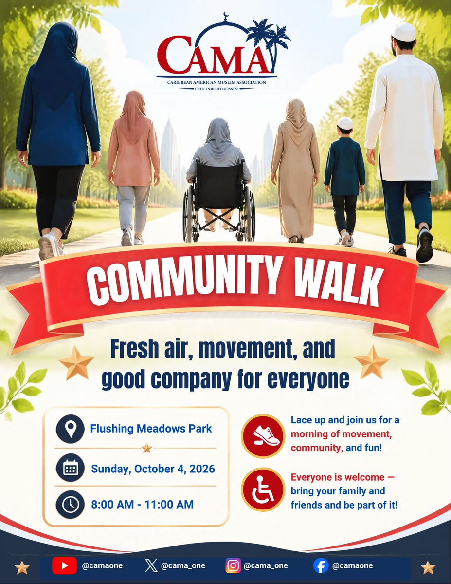 cama_one's tweet photo. Join us at our Community Walk on Sunday, October 4th, 8:00–11:00 AM at Flushing Meadows Park (Meeting Point Details to follow).

Come enjoy fresh air, movement, and great company. All ages and abilities are welcome -just lace up and join us!

Let’s walk together as one. @cama_one https://t.co/6Y5lOa593N