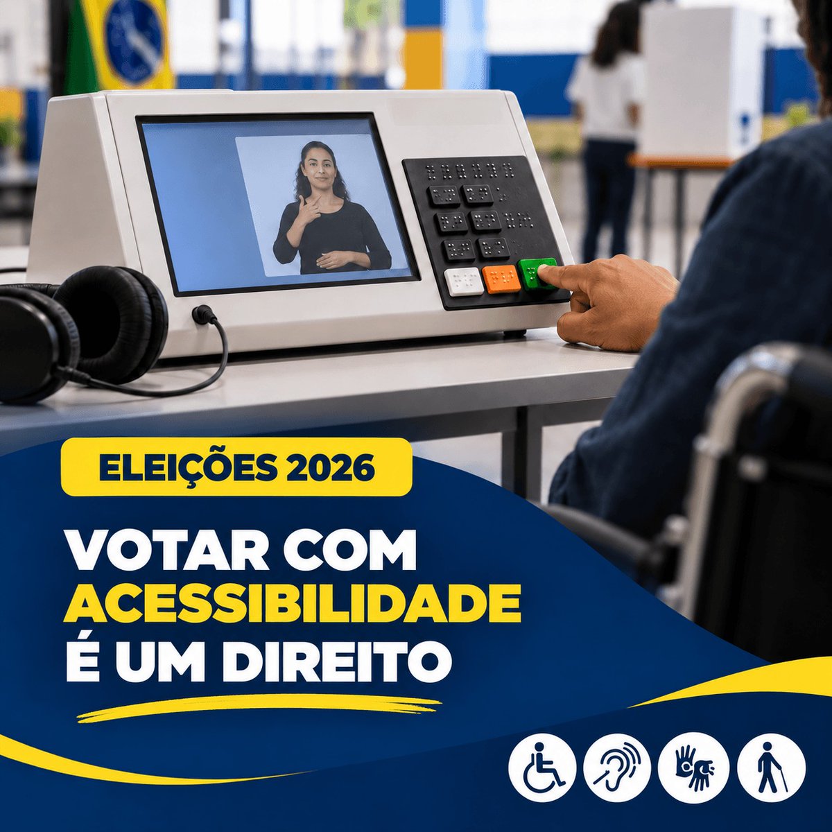Cidadao_Alerta's tweet photo. 🗳️ Eleições 2026: Conheça os recursos de acessibilidade para votar!

♿ A Justiça Eleitoral disponibiliza recursos para garantir que pessoas com deficiência ou mobilidade reduzida possam exercer o direito ao voto com autonomia e segurança.

✅ As urnas eletrônicas contam com sistema de áudio, teclado em Braille e intérprete de Libras na tela.

✅ Eleitores com deficiência ou mobilidade reduzida têm atendimento prioritário e podem contar com o auxílio de uma pessoa de confiança durante a votação, mesmo sem solicitação antecipada.

📢 Você sabia? Em 2026, cerca de 1,97 milhão de eleitores com deficiência estão aptos a votar no Brasil.

📲 Compartilhe essa informação! A acessibilidade é um direito de todos.

#CidadãoAlerta #Eleições2026 #Acessibilidade #DireitoAoVoto #JustiçaEleitoral
