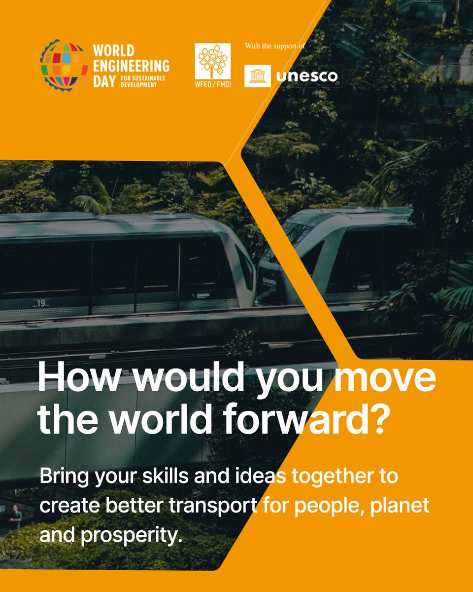 wfeo's tweet photo. 𝐏𝐞𝐨𝐩𝐥𝐞. 𝐏𝐥𝐚𝐧𝐞𝐭. 𝐏𝐫𝐨𝐬𝐩𝐞𝐫𝐢𝐭𝐲.

The 2027 WFEO Hackathon asks young engineers to explore how engineering can help create transport systems that are more sustainable, inclusive, safe, resilient and accessible to all.

This year's theme “𝘌𝘯𝘨𝘪𝘯𝘦𝘦𝘳𝘪𝘯𝘨  𝘚𝘶𝘴𝘵𝘢𝘪𝘯𝘢𝘣𝘭𝘦 𝘛𝘳𝘢𝘯𝘴𝘱𝘰𝘳𝘵 𝘚𝘰𝘭𝘶𝘵𝘪𝘰𝘯𝘴 𝘧𝘰𝘳 𝘗𝘦𝘰𝘱𝘭𝘦, 𝘗𝘭𝘢𝘯𝘦𝘵 𝘢𝘯𝘥 𝘗𝘳𝘰𝘴𝘱𝘦𝘳𝘪𝘵𝘺” supports progress towards #SDG3, #SDG7, #SDG9 and #SDG11 and the UN Decade of Sustainable Transport 2026–2035.

𝘌𝘯𝘨𝘪𝘯𝘦𝘦𝘳 𝘵𝘩𝘦 𝘧𝘶𝘵𝘶𝘳𝘦 𝘰𝘧 𝘵𝘳𝘢𝘯𝘴𝘱𝘰𝘳𝘵.

Join the 2027 challenge: https://t.co/9y9nl8RdtI

#WFEOHackathon #WorldEngineeringDay #WED2027 #SustainableTransport #EngineersForSDGs #Engineering @engineering_day @mchakchouk