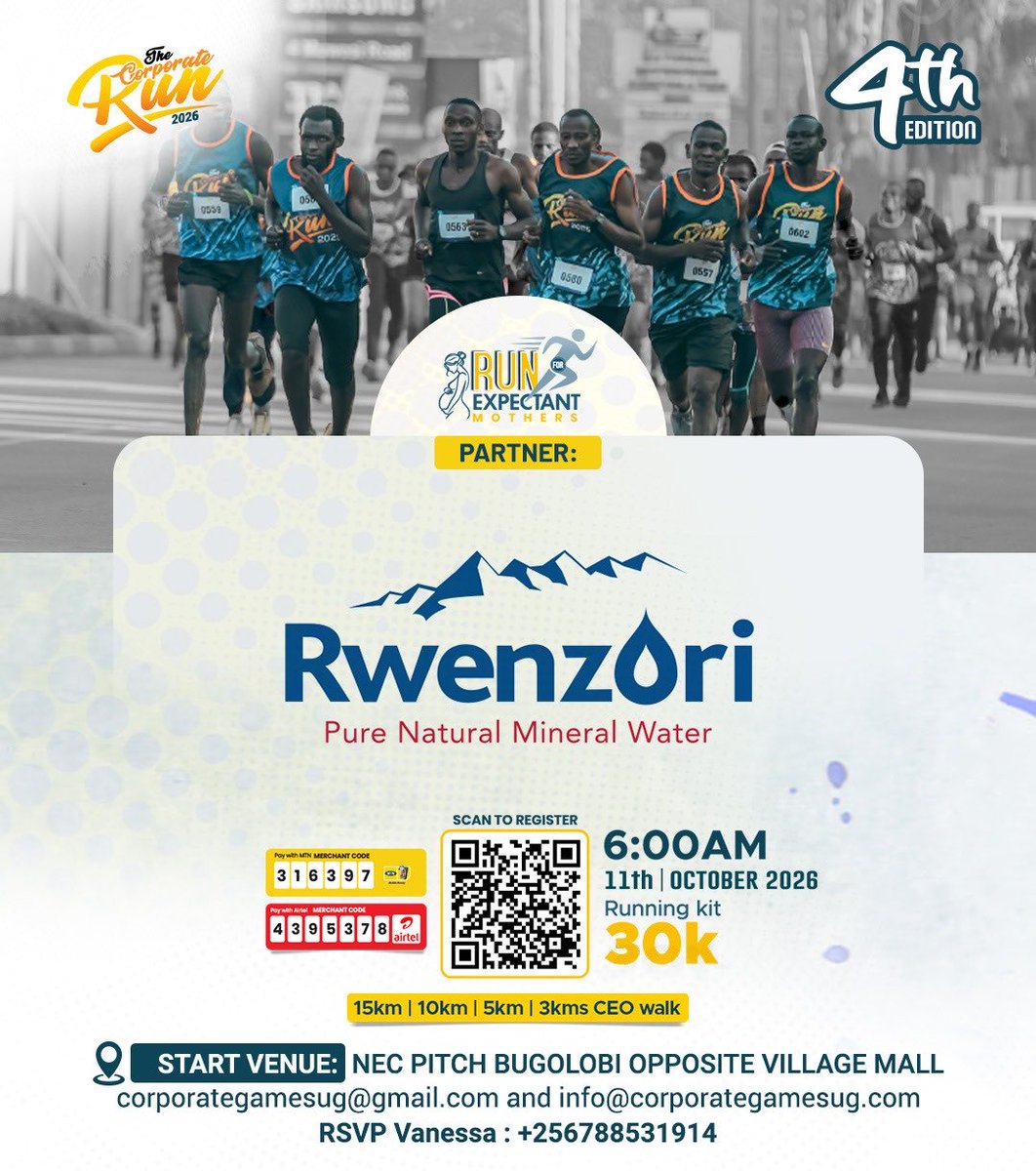 CorporateRunUg's tweet photo. Proud to have Rwenzori Pure Natural Mineral Water @RwenzoriUg keeping every runner refreshed at The Corporate Run 2026!   Every UGX 30,000 kit directly funds a Mama Kit for an expectant mother.   

Race Day: Oct 11 at NEC Pitch, Bugolobi (6:00 AM)   
Kit Pick-Up: Forest Mall, Lugogo (9 AM – 5 PM daily)
Get Your Kit:MTN: 316397 | Airtel: 4395378   
Online: https://t.co/BbiS13WCVh

 #CorporateRun2026 #RunForExpectantMothers